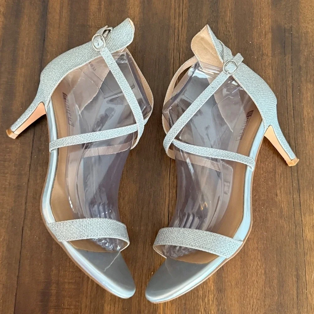 IDIFU Womens Silver Glitter Strappy Heels Ankle Strap Stiletto Sandals Size‎ 9.5